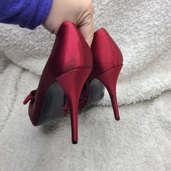 Stuart Weitzman "Paradise" Burgundy Satin Wrapped Embellished Peep-toe Formal He - Picture 7 of 11